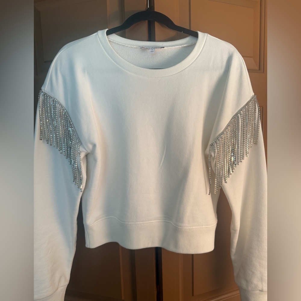 Intermix White Rhinestone Embellished Fringe Sleeve Sweatshirt